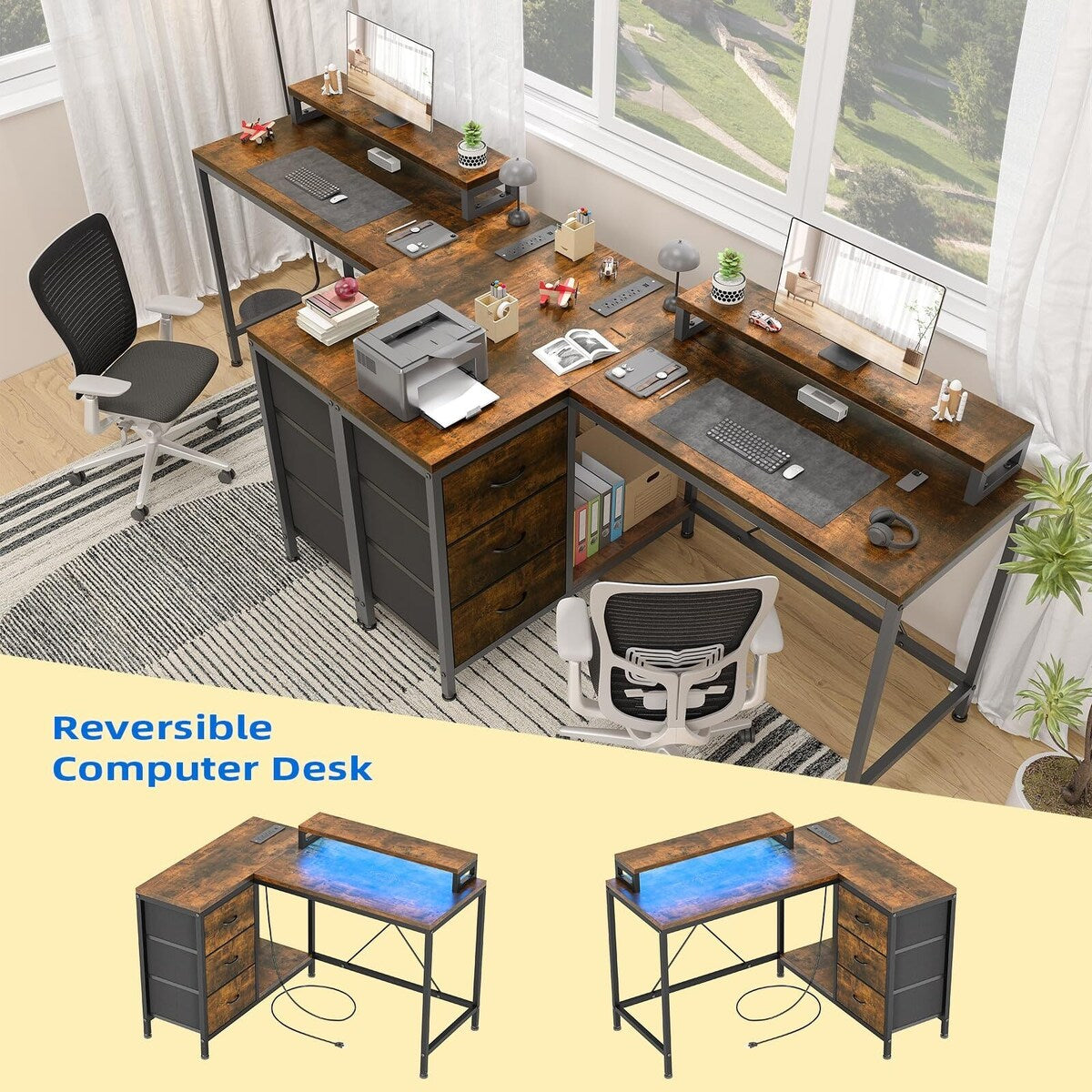 Bureau en forme de L avec prises électriques et lumières LED