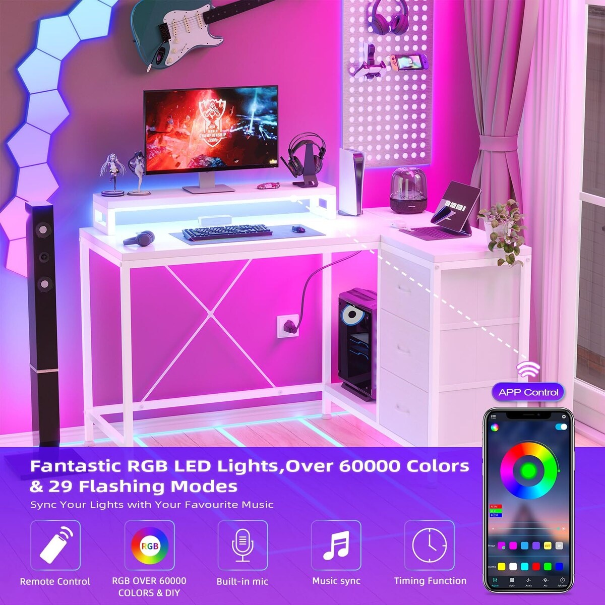 Bureau en forme de L avec prises électriques et lumières LED