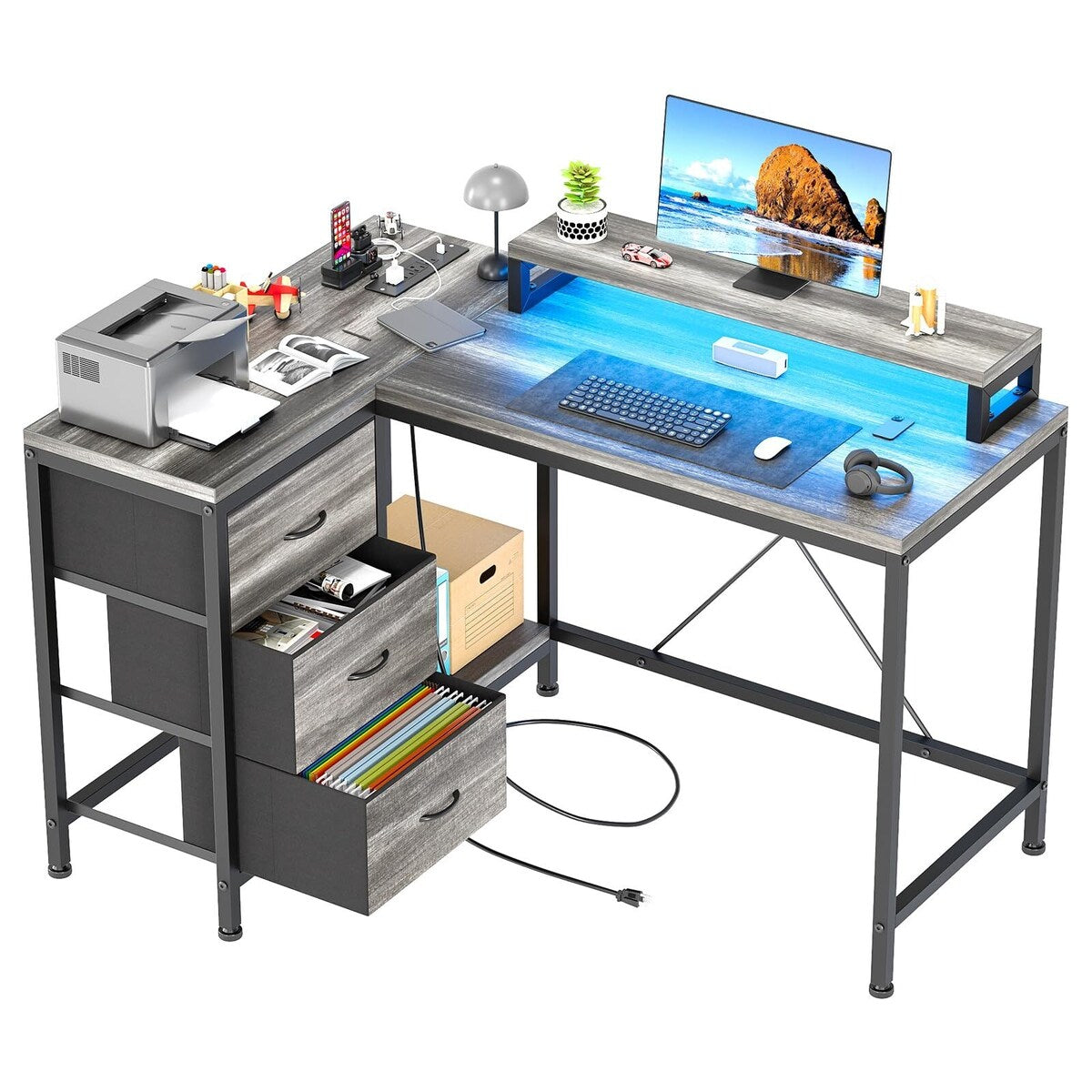 Bureau en forme de L avec prises électriques et lumières LED