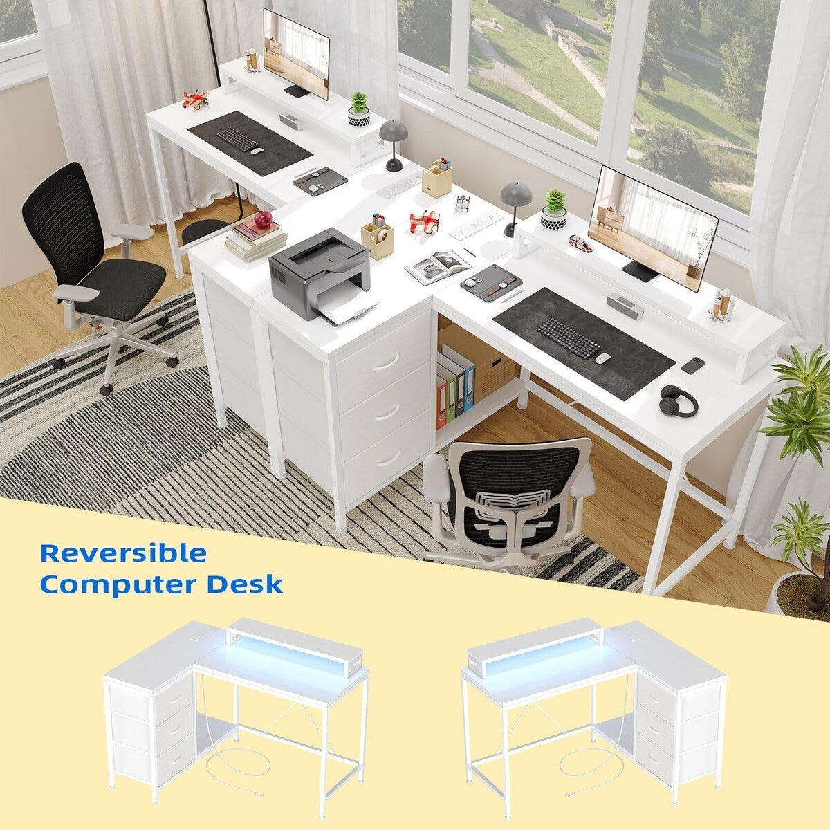 Bureau en forme de L avec prises électriques et lumières LED