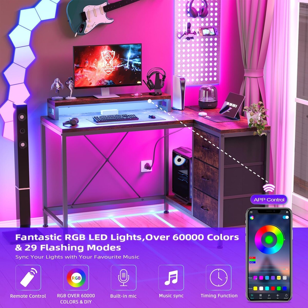 Bureau en forme de L avec prises électriques et lumières LED