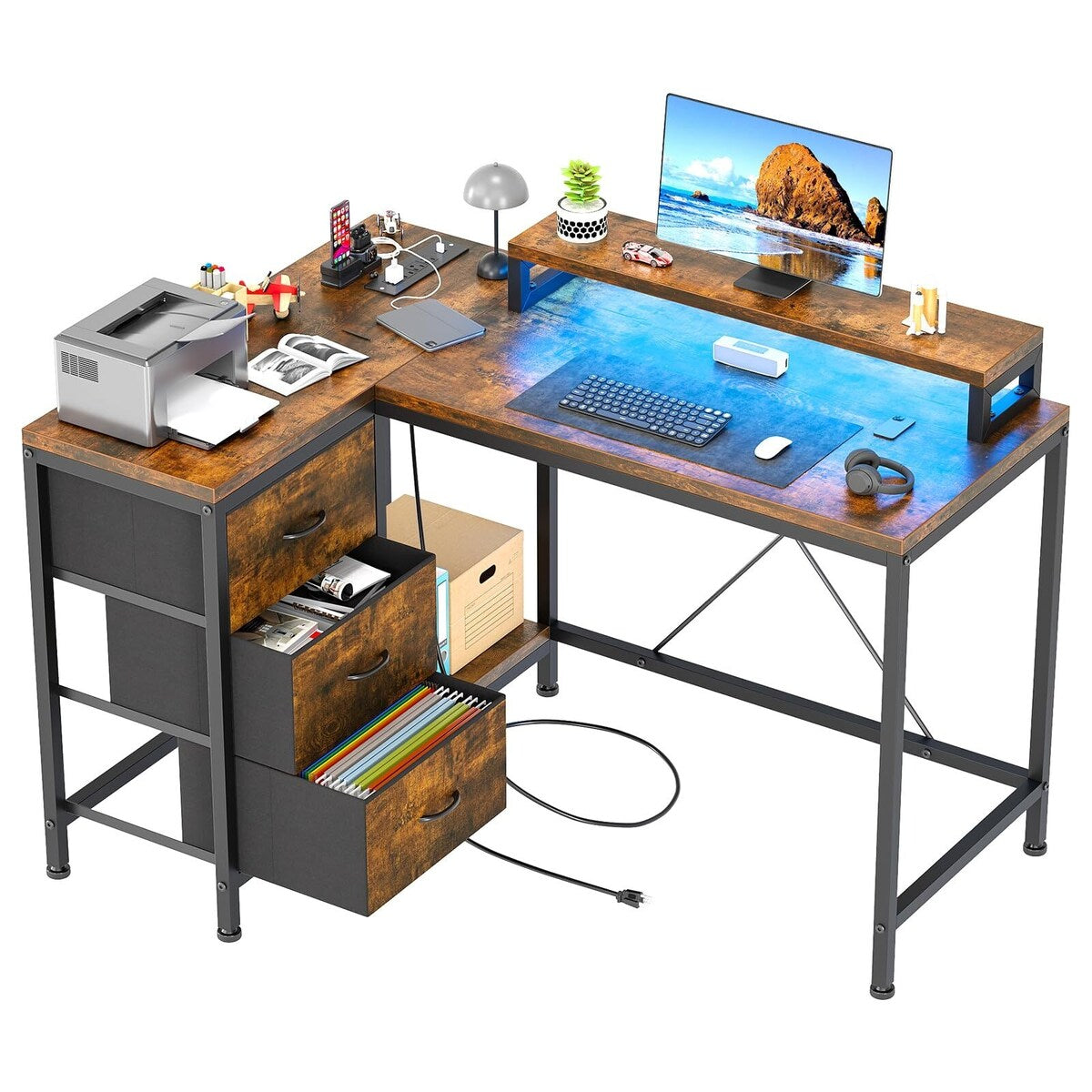 Bureau en forme de L avec prises électriques et lumières LED