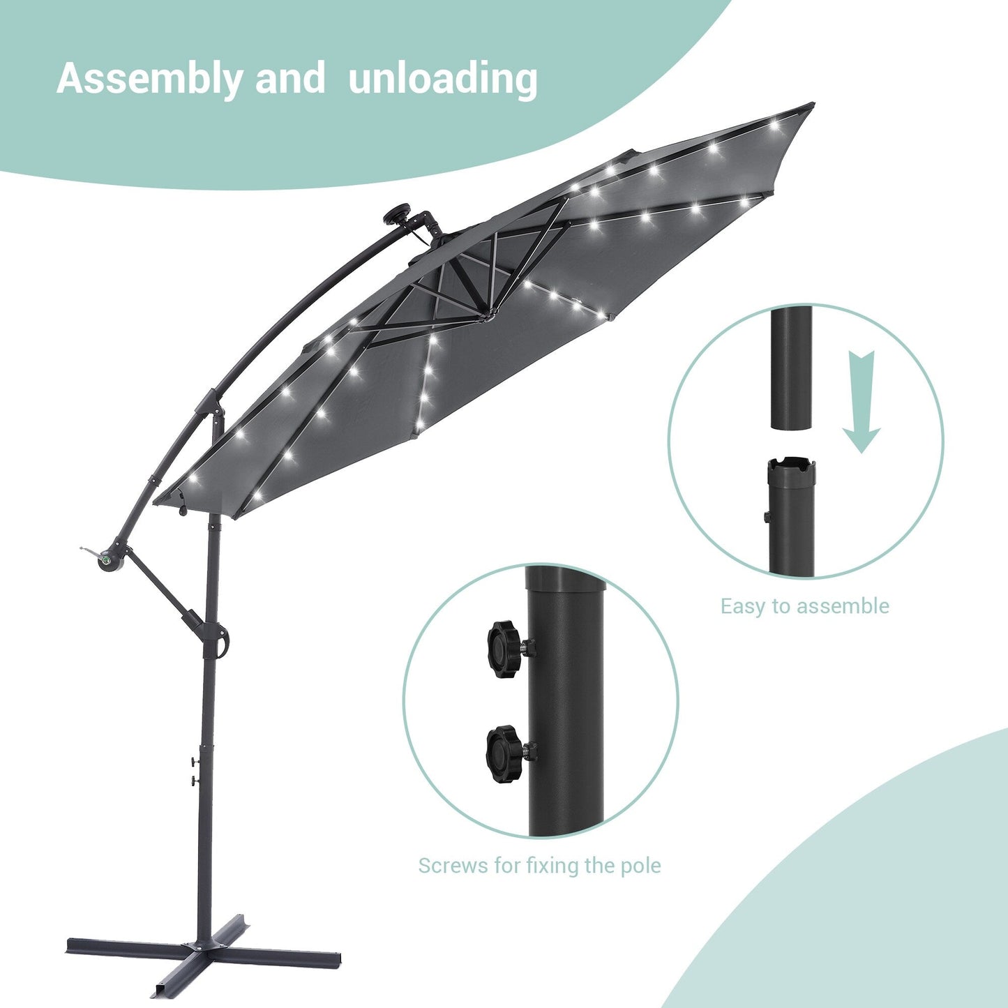 Parasol de terrasse déporté LED LIVOOSUN 10 pieds avec pied en croix