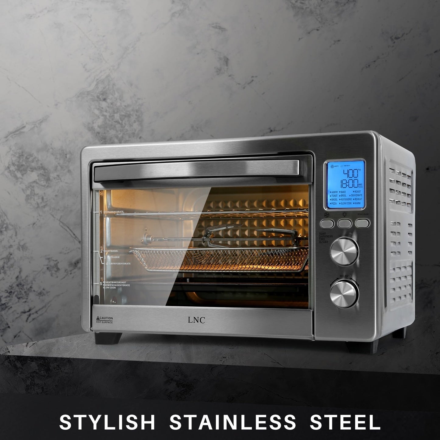 Four à convection, grille-pain, rotisserie et friteuse à air LNC 12-en-1, grand modèle 34QT pour comptoir - 19,5 L x 15 l x 12,5 H (cm)