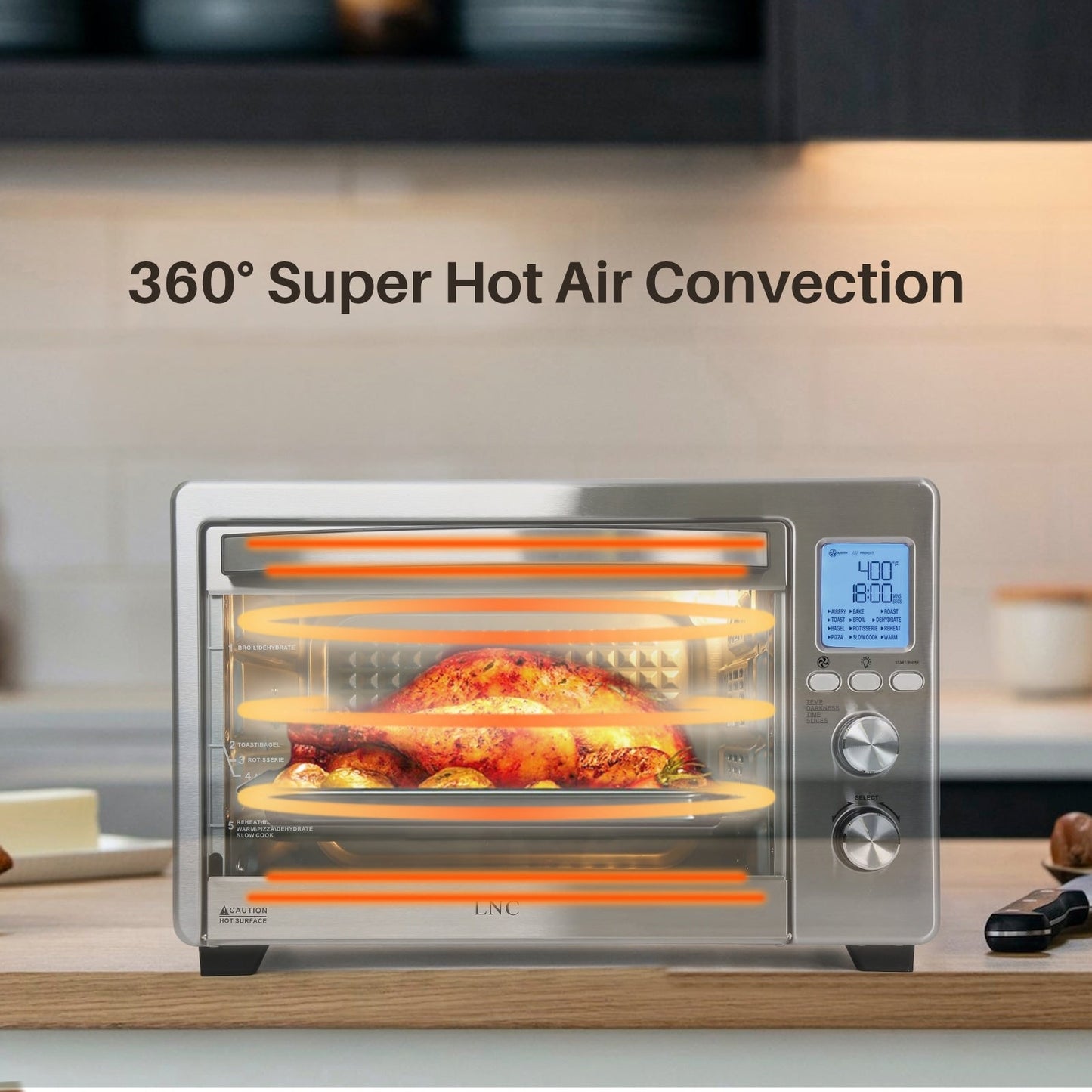 Four à convection, grille-pain, rotisserie et friteuse à air LNC 12-en-1, grand modèle 34QT pour comptoir - 19,5 L x 15 l x 12,5 H (cm)