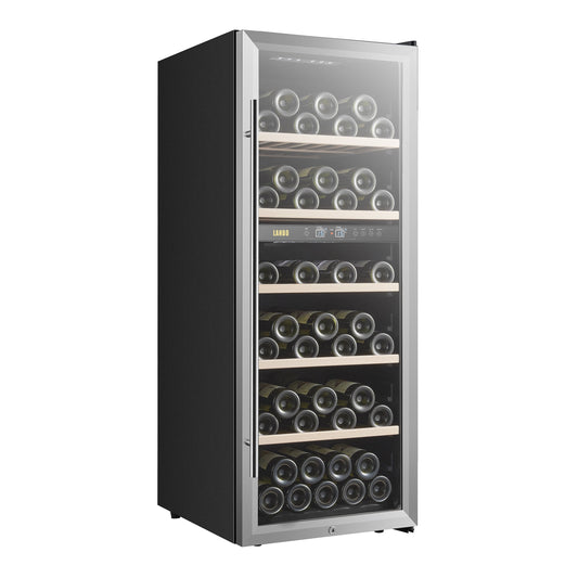 Lanbo Cave à vin 20 pouces, 64 bouteilles, double zone, autoportante, porte vitrée avec cadre en acier inoxydable et deux serrures de sécurité.