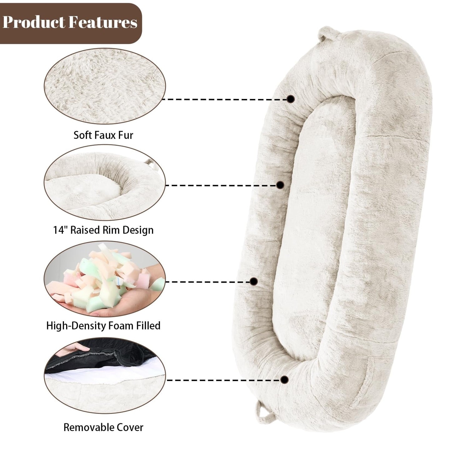 Grand lit pour chien, lit lavable de taille humaine avec housse amovible.