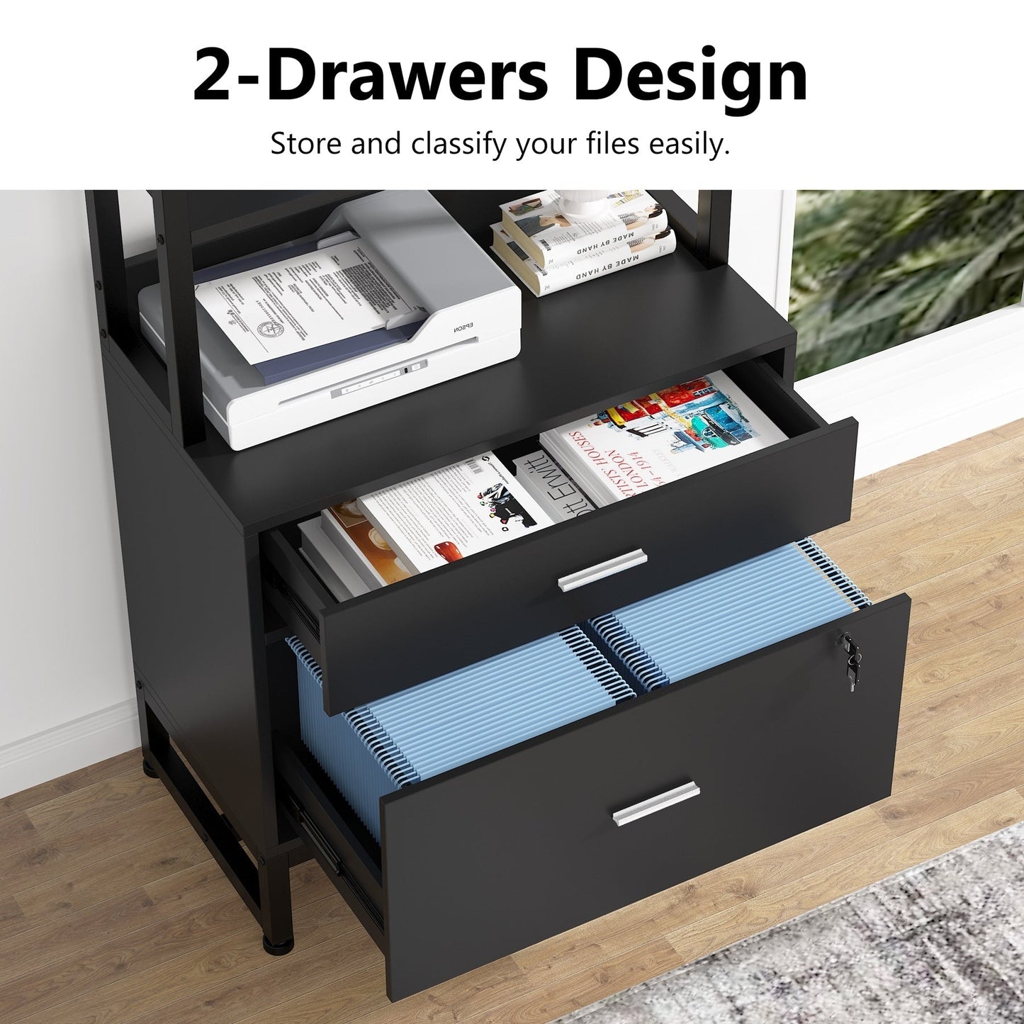Armoire à dossiers avec 2 tiroirs, meuble de rangement moderne avec support d'imprimante et verrouillage