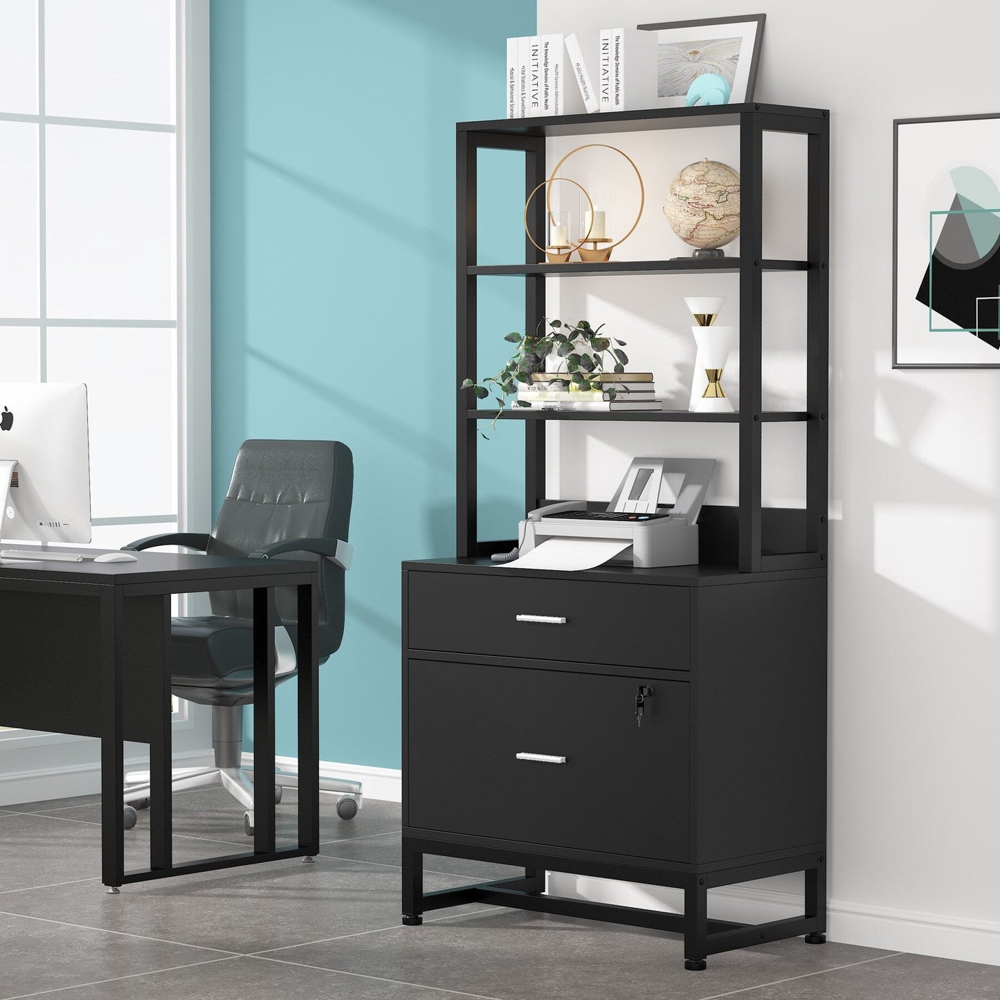 Armoire à dossiers avec 2 tiroirs, meuble de rangement moderne avec support d'imprimante et verrouillage