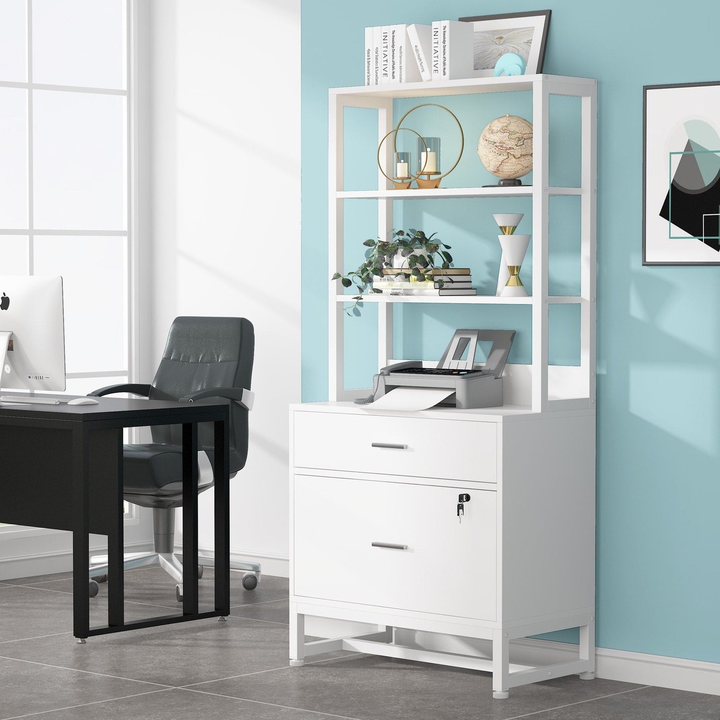 Armoire à dossiers avec 2 tiroirs, meuble de rangement moderne avec support d'imprimante et verrouillage
