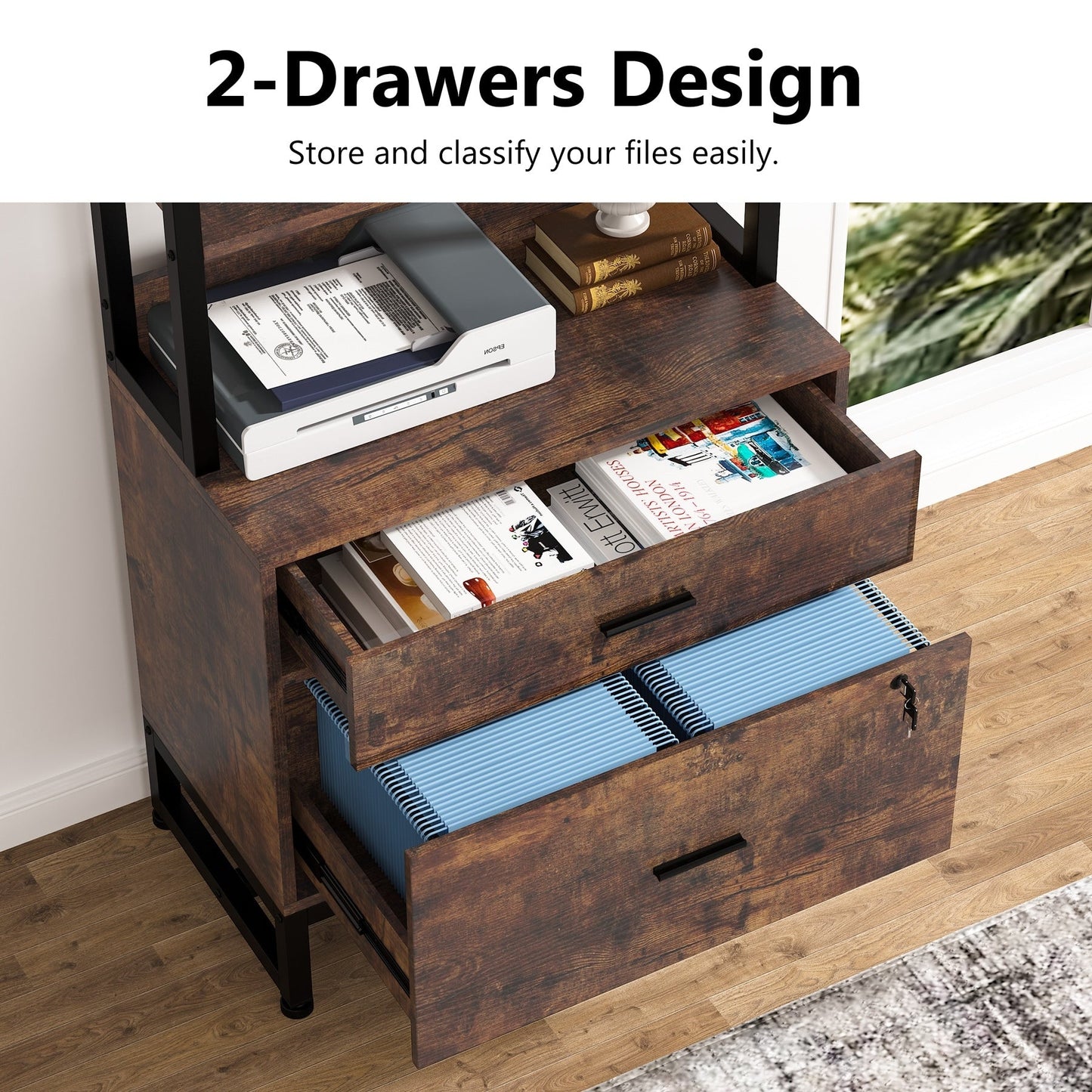 Armoire à dossiers avec 2 tiroirs, meuble de rangement moderne avec support d'imprimante et verrouillage