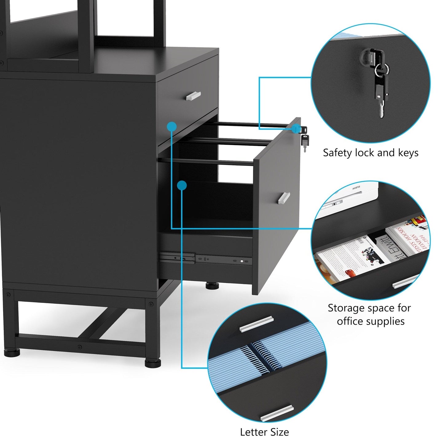 Armoire à dossiers avec 2 tiroirs, meuble de rangement moderne avec support d'imprimante et verrouillage