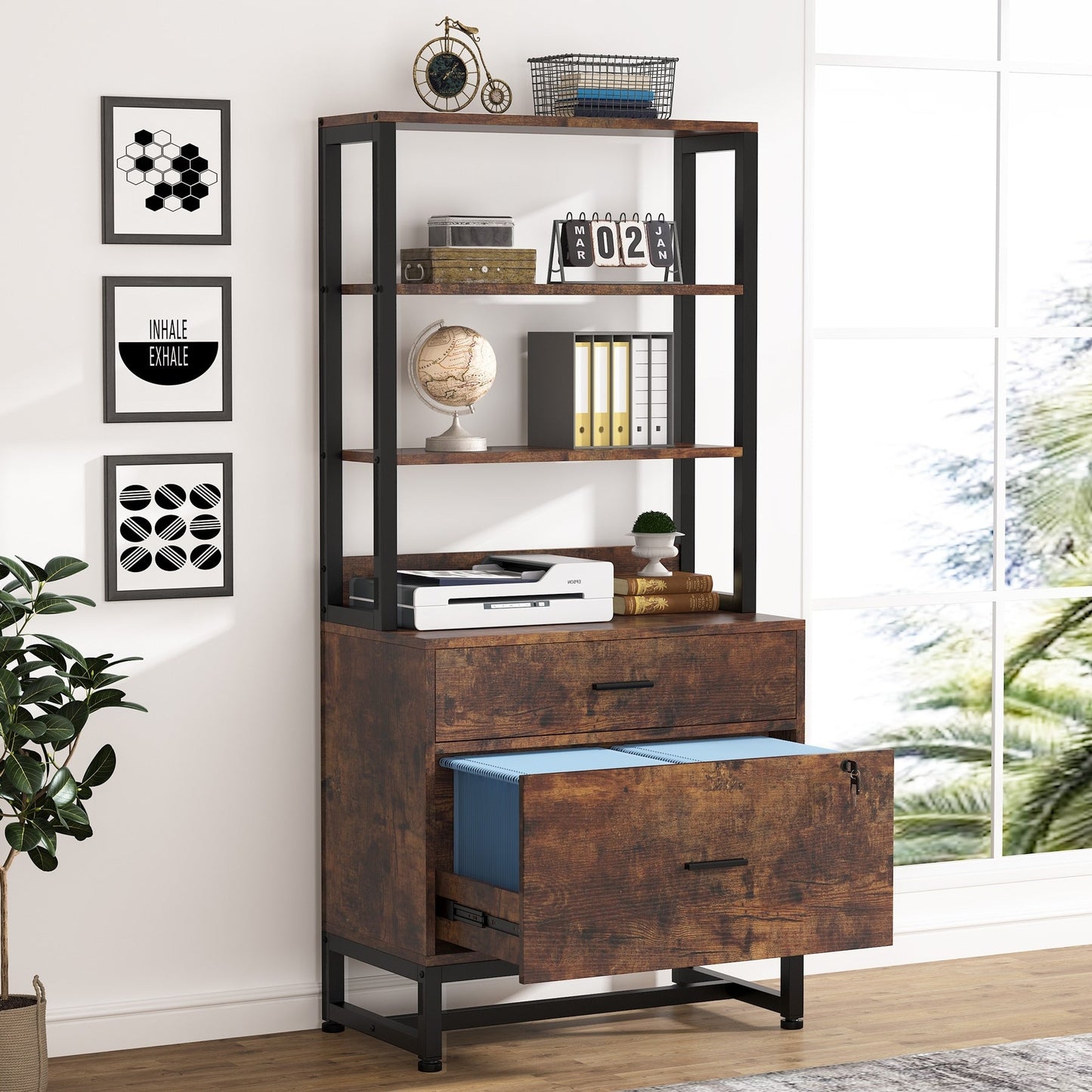Armoire à dossiers avec 2 tiroirs, meuble de rangement moderne avec support d'imprimante et verrouillage
