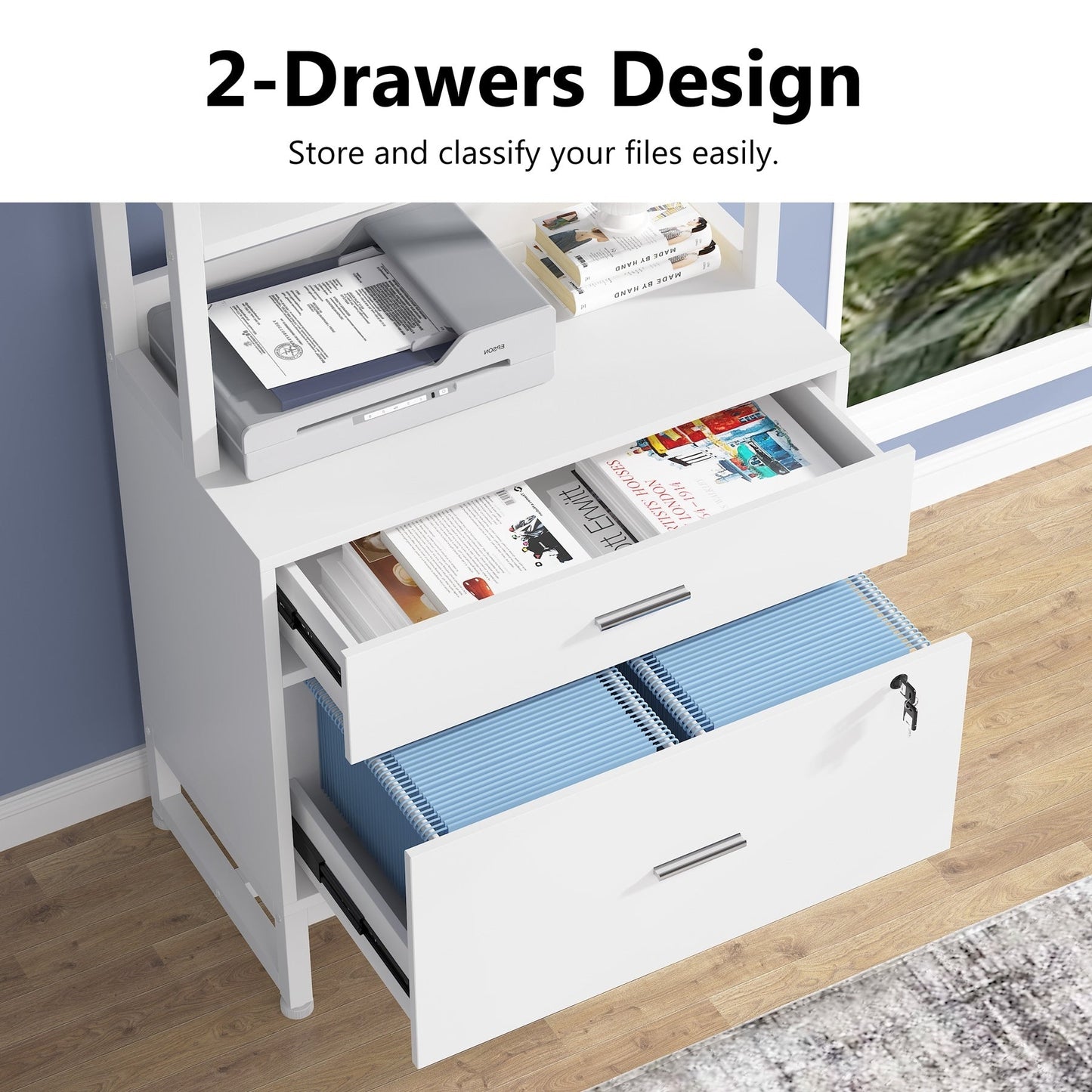 Armoire à dossiers avec 2 tiroirs, meuble de rangement moderne avec support d'imprimante et verrouillage