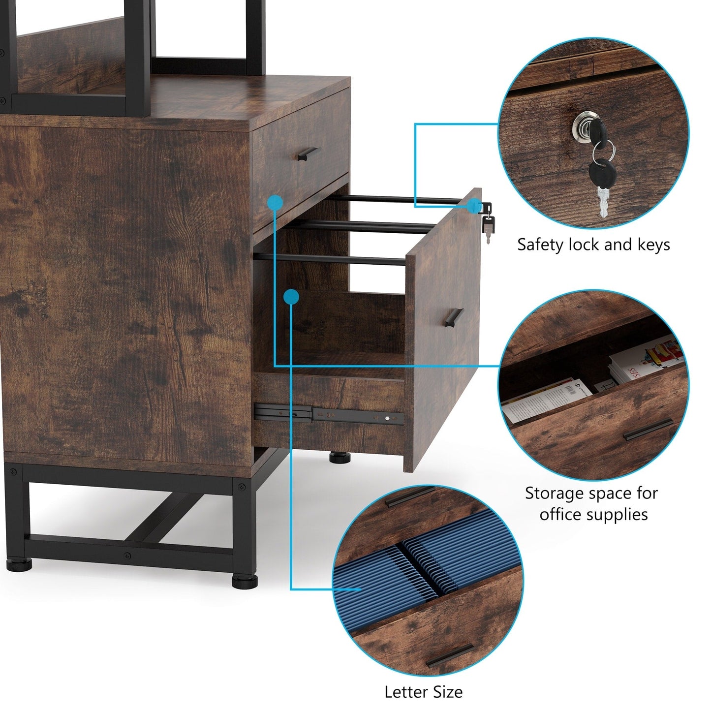 Armoire à dossiers avec 2 tiroirs, meuble de rangement moderne avec support d'imprimante et verrouillage