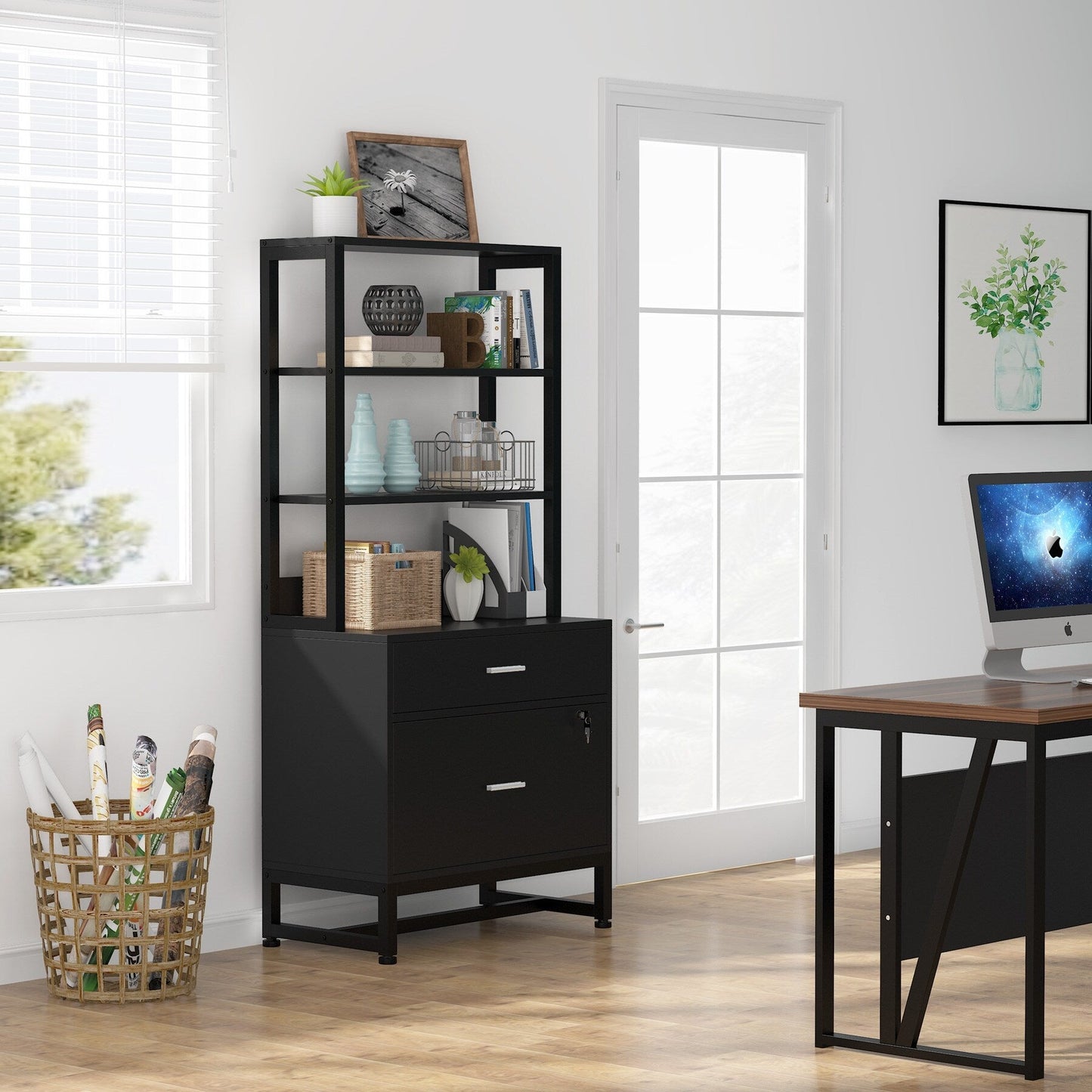 Armoire à dossiers avec 2 tiroirs, meuble de rangement moderne avec support d'imprimante et verrouillage