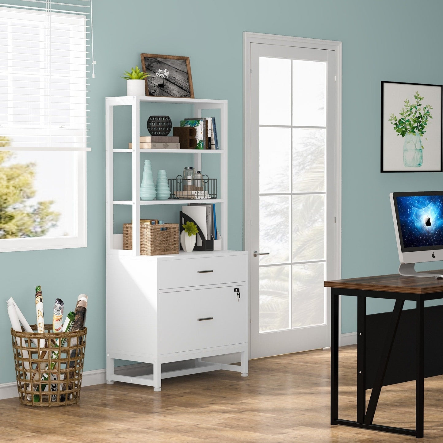 Armoire à dossiers avec 2 tiroirs, meuble de rangement moderne avec support d'imprimante et verrouillage
