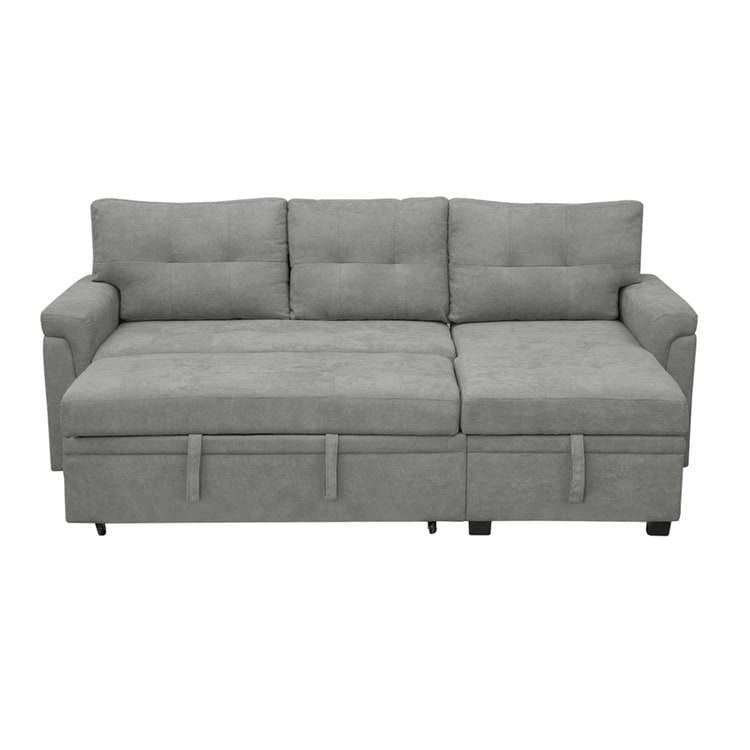 Canapé d'angle convertible et réversible avec lit escamotable, chaise longue avec rangement intégré et pieds robustes.