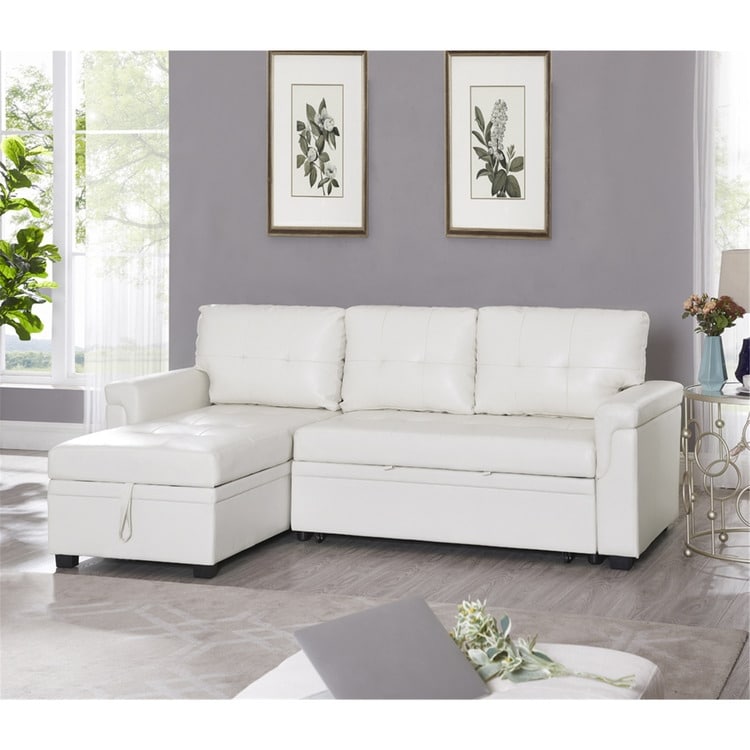 Canapé d'angle convertible et réversible avec lit escamotable, chaise longue avec rangement intégré et pieds robustes.