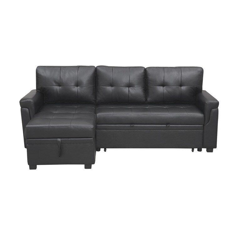 Canapé d'angle convertible et réversible avec lit escamotable, chaise longue avec rangement intégré et pieds robustes.