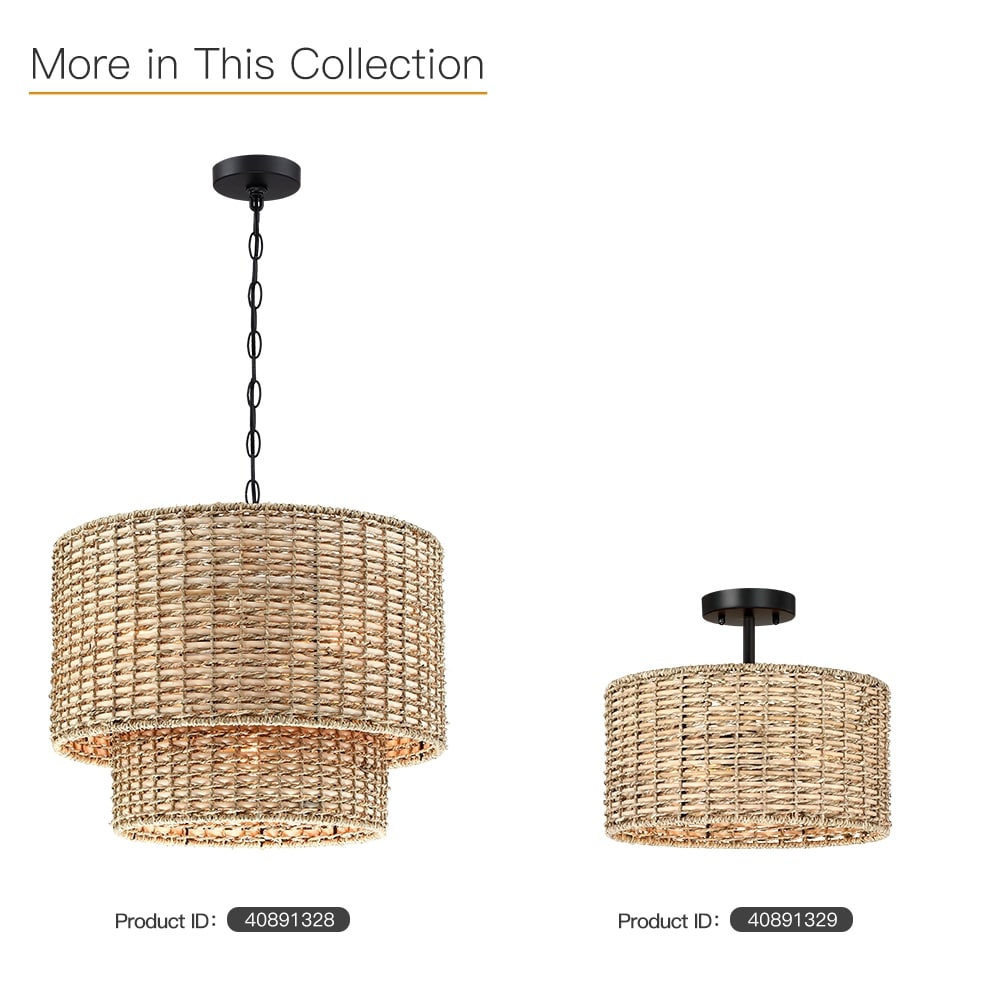 Luminaire à suspension à plusieurs niveaux en rotin Lennie, 4 lumières, 50 cm (20 po), avec abat-jour noir - 50 cm (20 po) L - 50 cm (20 po) L