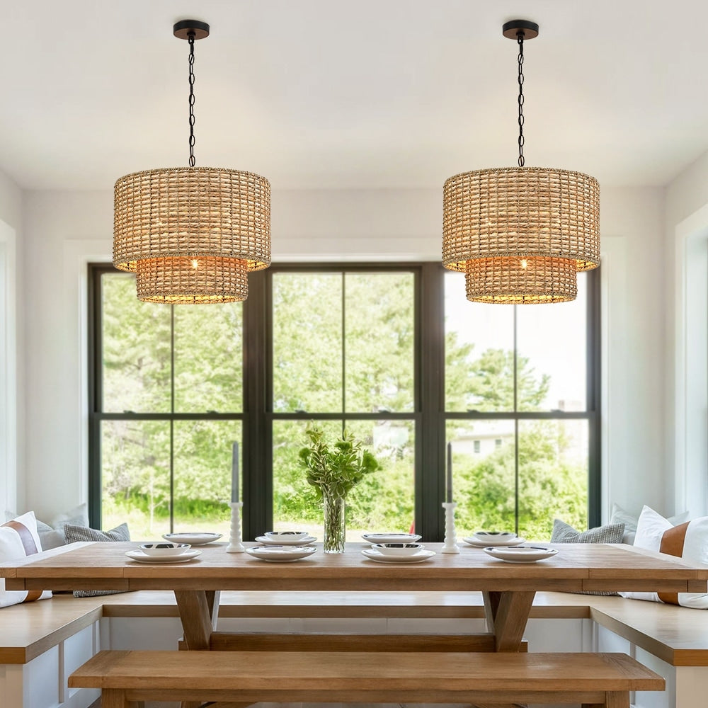 Luminaire à suspension à plusieurs niveaux en rotin Lennie, 4 lumières, 50 cm (20 po), avec abat-jour noir - 50 cm (20 po) L - 50 cm (20 po) L