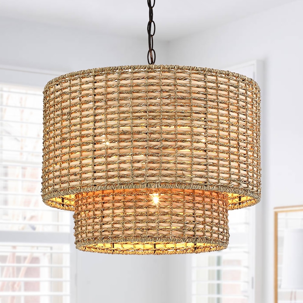 Luminaire à suspension à plusieurs niveaux en rotin Lennie, 4 lumières, 50 cm (20 po), avec abat-jour noir - 50 cm (20 po) L - 50 cm (20 po) L
