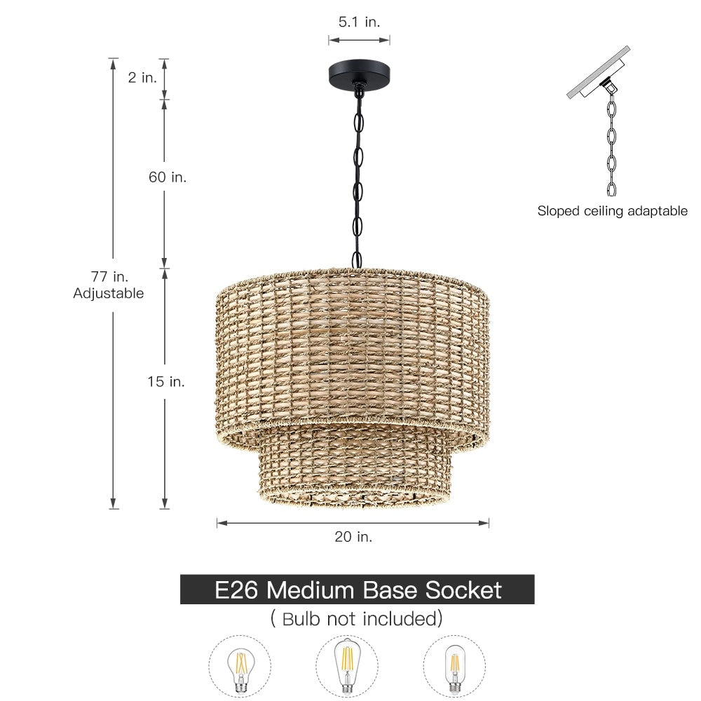 Luminaire à suspension à plusieurs niveaux en rotin Lennie, 4 lumières, 50 cm (20 po), avec abat-jour noir - 50 cm (20 po) L - 50 cm (20 po) L