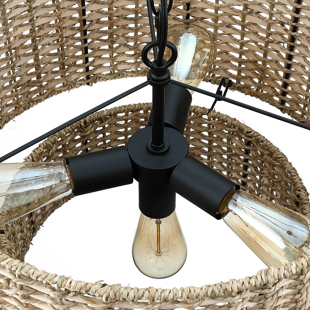 Luminaire à suspension à plusieurs niveaux en rotin Lennie, 4 lumières, 50 cm (20 po), avec abat-jour noir - 50 cm (20 po) L - 50 cm (20 po) L