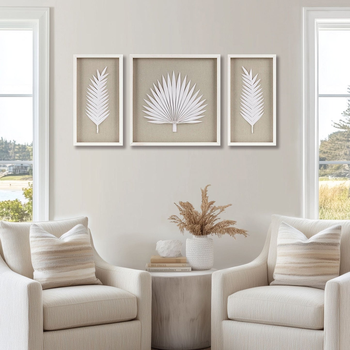 Ensemble de 3 cadres muraux décoratifs en papier de riz avec feuilles de palmier, style Shadowbox, fait à la main, modèle Sabal de Madison Park.