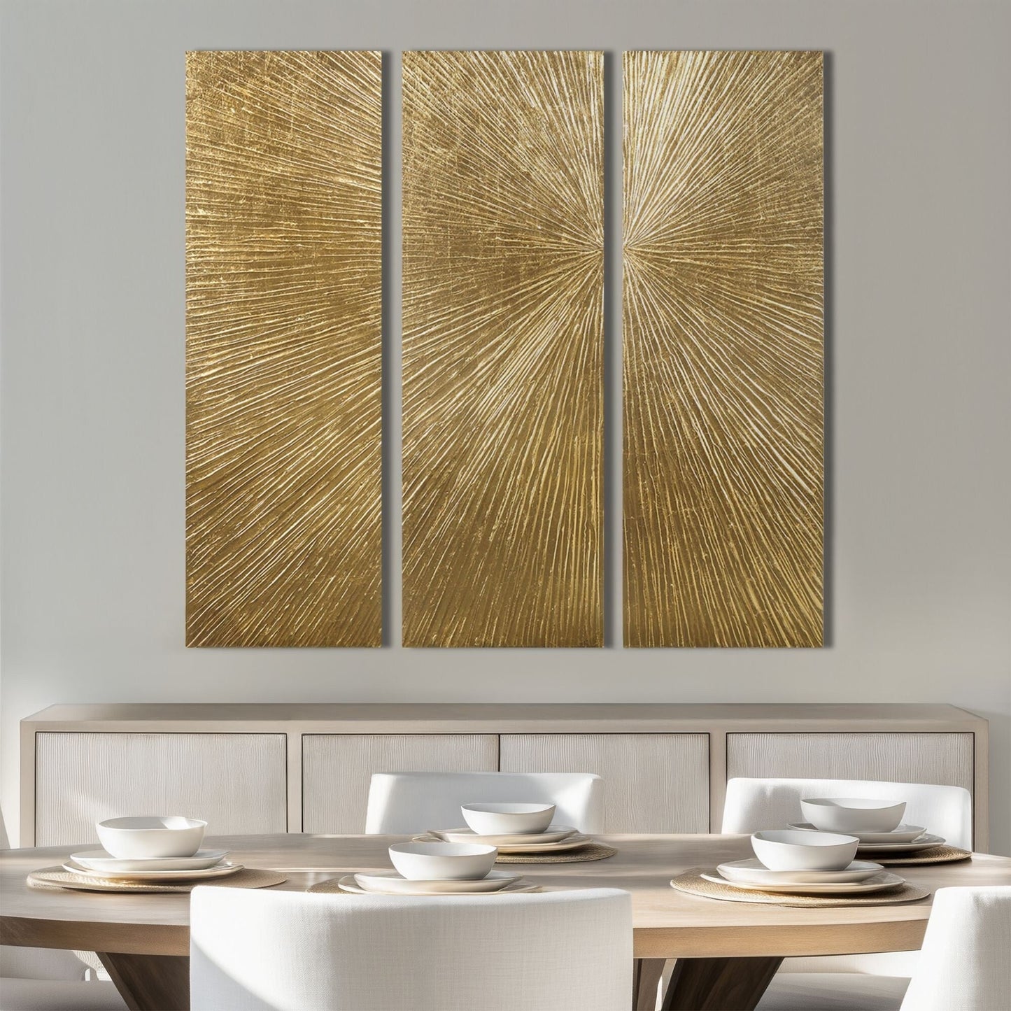 Ensemble de 3 panneaux muraux en résine multidimensionnelle, triptyque à rayons de soleil peints à la main, Madison Park Signature.