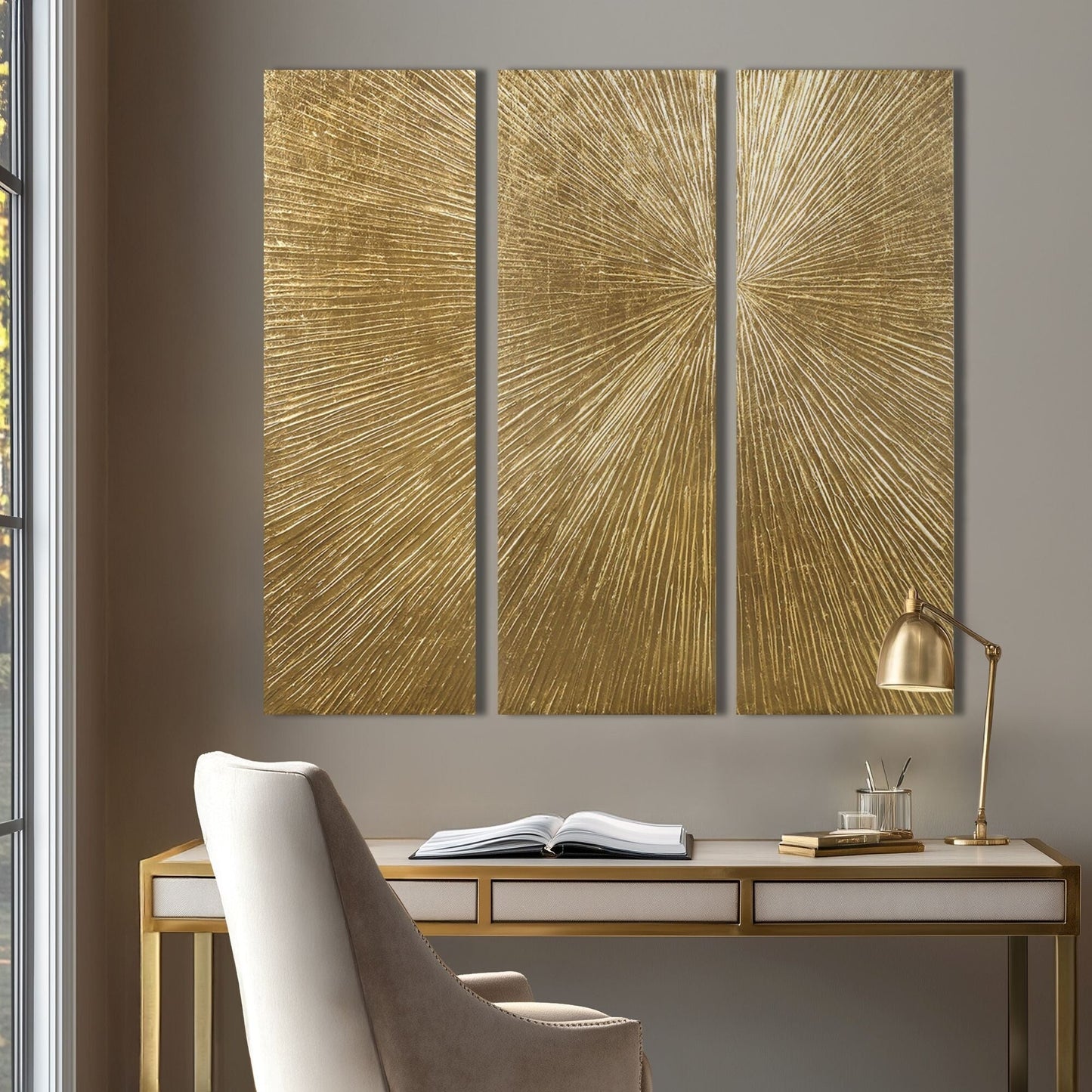 Ensemble de 3 panneaux muraux en résine multidimensionnelle, triptyque à rayons de soleil peints à la main, Madison Park Signature.