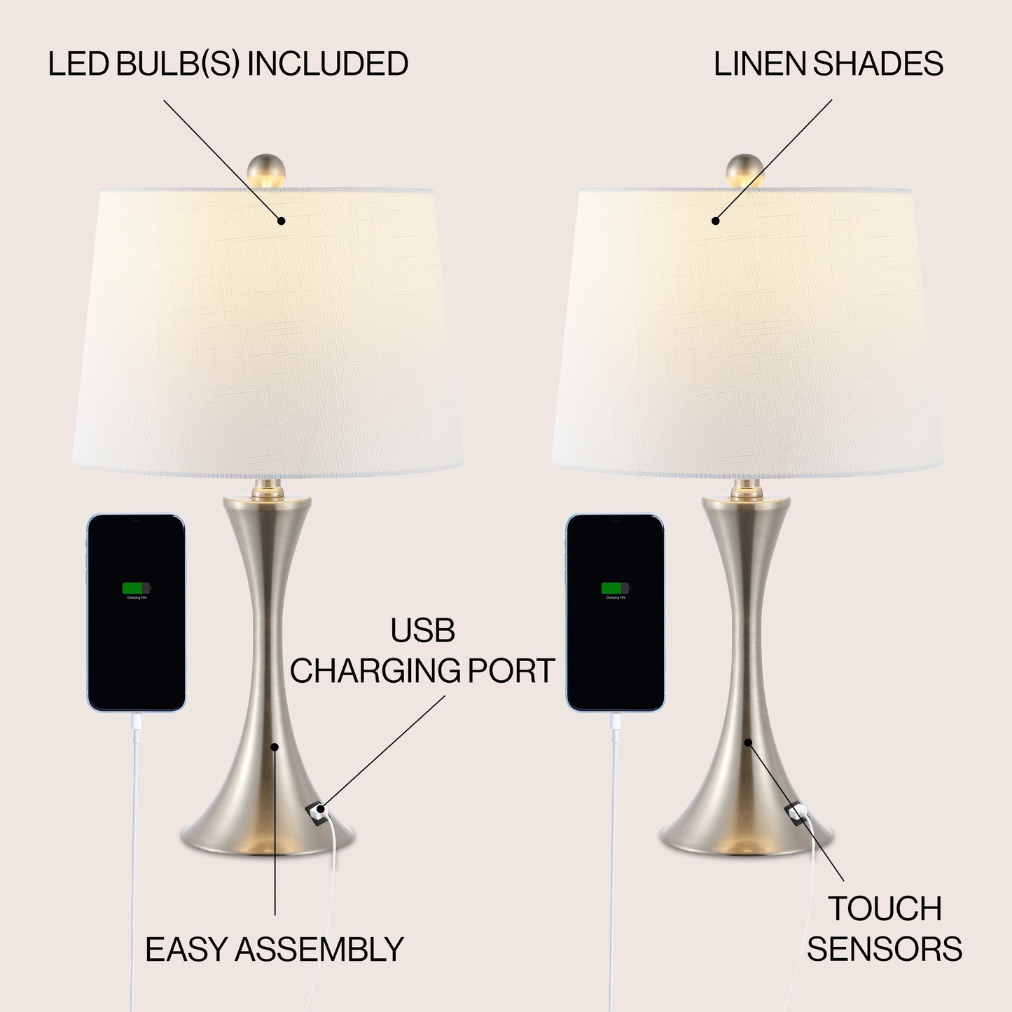 Makena 22.75 Lampe de chevet moderne et élégante en forme de sablier en fer avec port de charge USB, (lot de 2) par JONATHAN Y