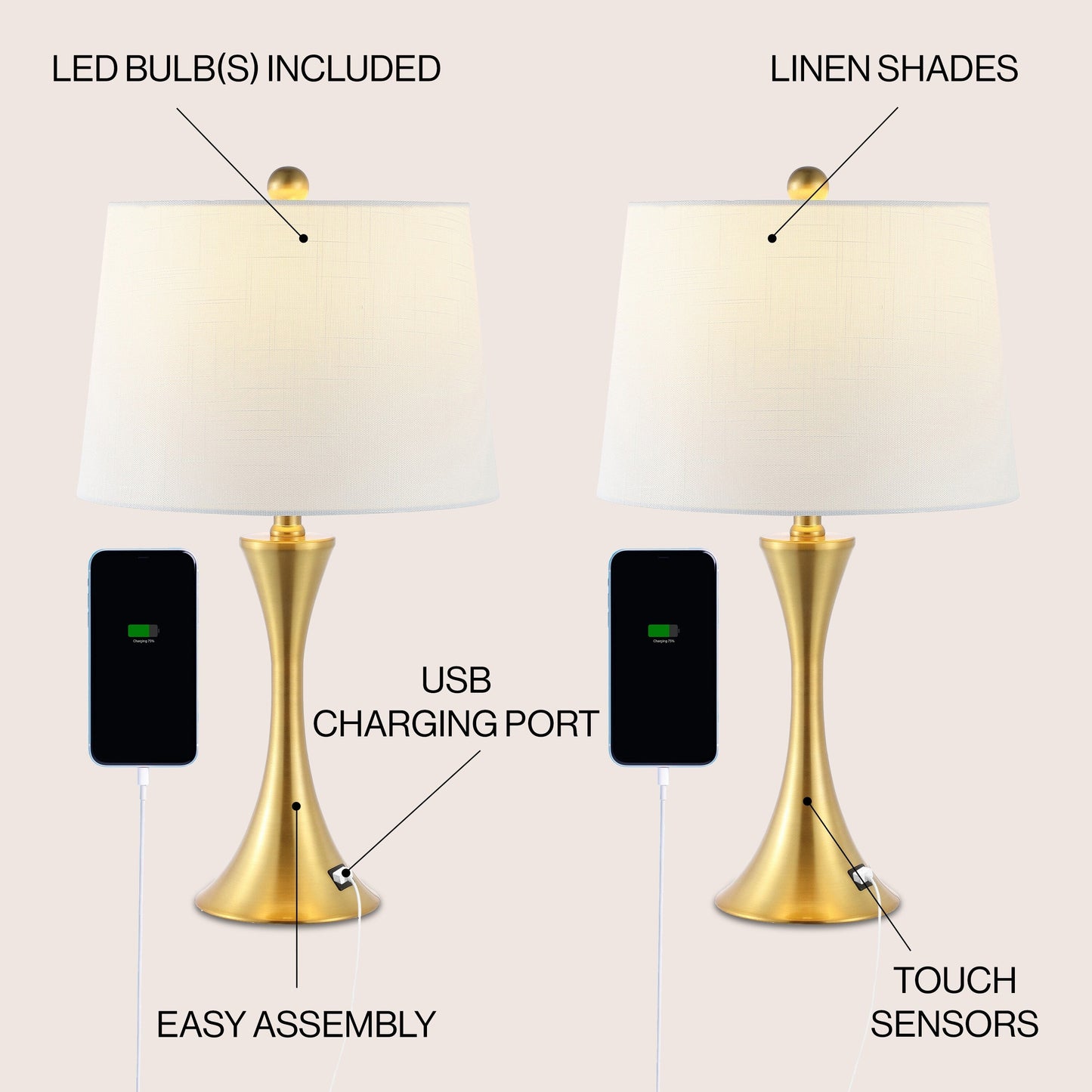 Makena 22.75 Lampe de chevet moderne et élégante en forme de sablier en fer avec port de charge USB, (lot de 2) par JONATHAN Y