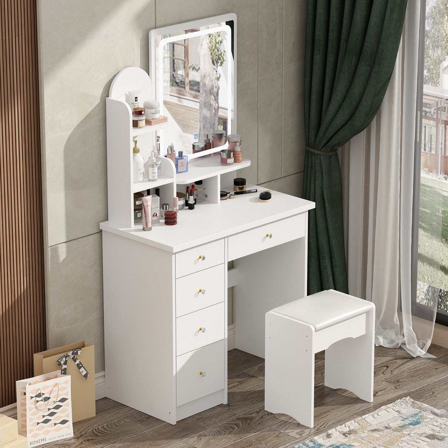 Table de maquillage avec miroir et tabouret à éclairage LED