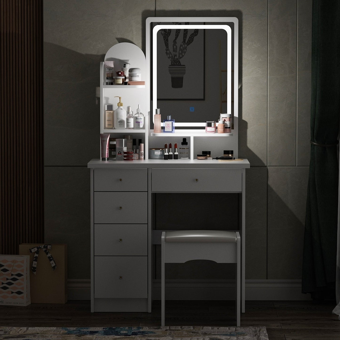 Table de maquillage avec miroir et tabouret à éclairage LED