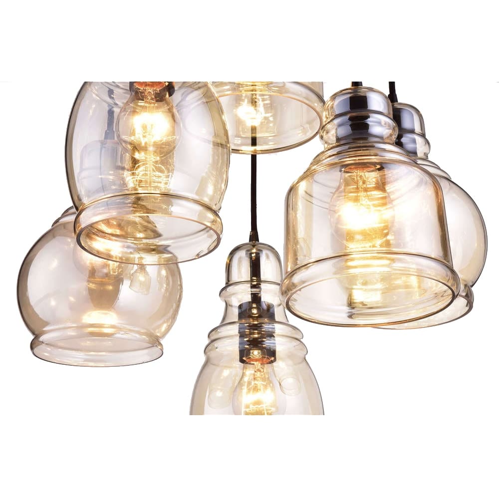 Suspension Mariana en verre Cognac, noir antique et base ronde, 6 lumières