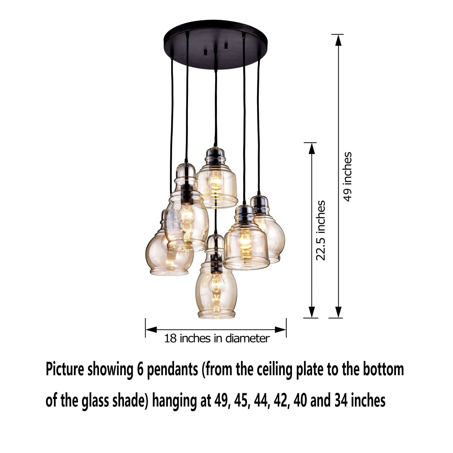 Suspension Mariana en verre Cognac, noir antique et base ronde, 6 lumières