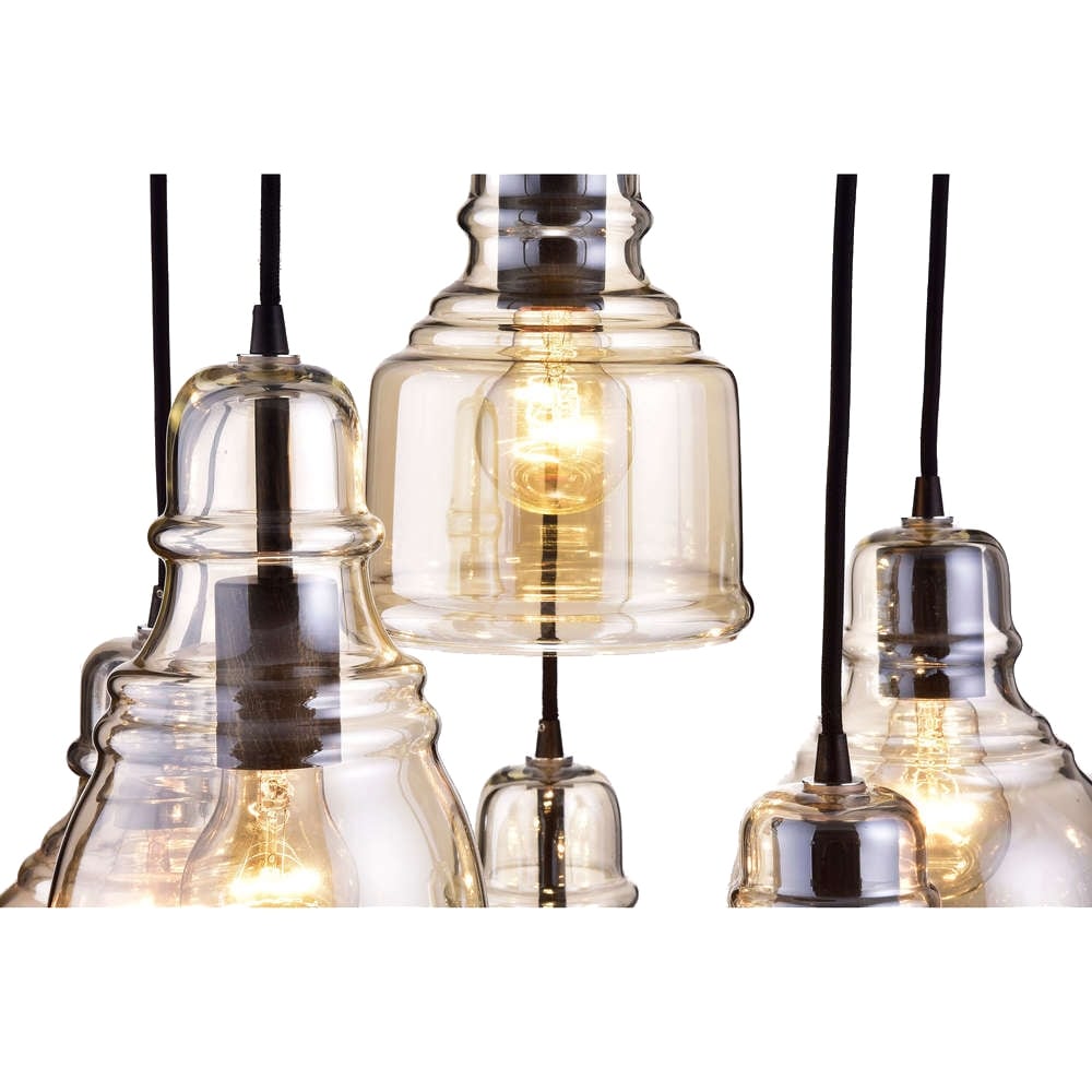 Suspension Mariana en verre Cognac, noir antique et base ronde, 6 lumières