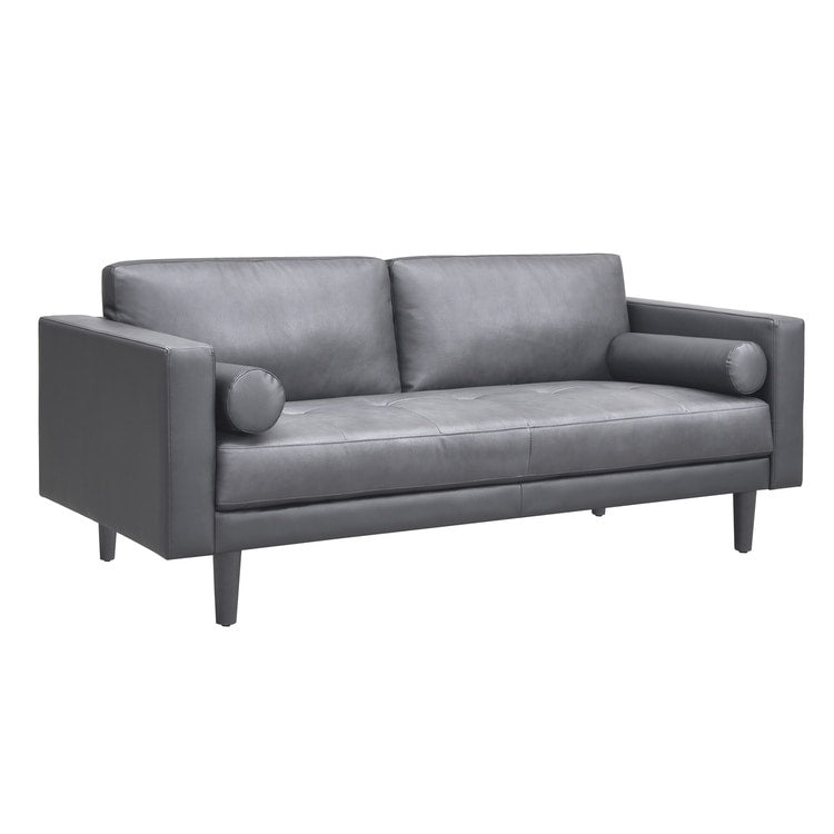 Canapé moderne en cuir véritable avec pieds en bois et coussin supplémentaire.