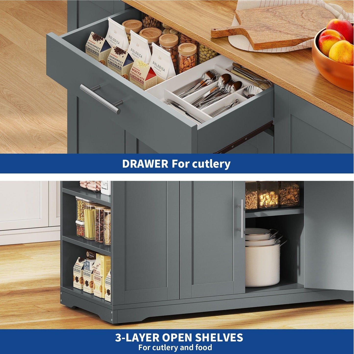 Moasis Meuble de rangement roulant pour îlot de cuisine, 53 pouces, chariot de cuisine mobile portable