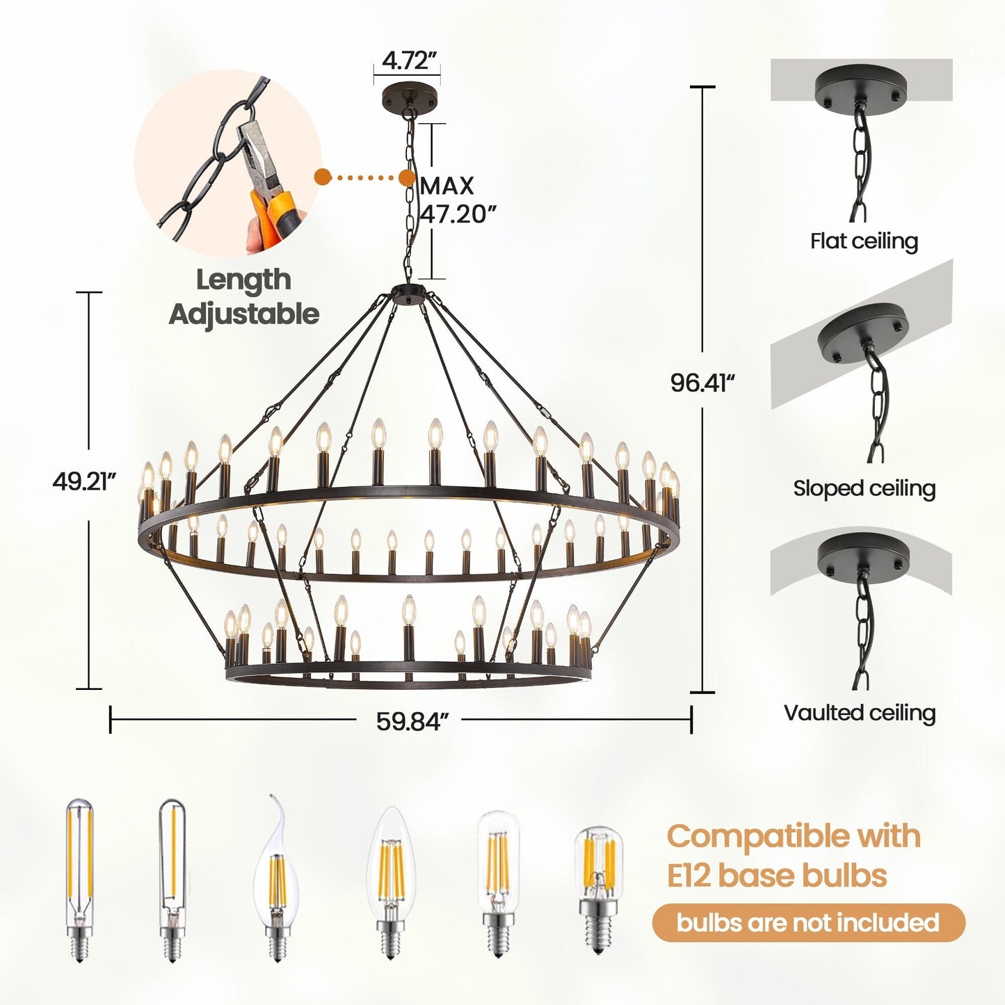 Luminaire moderne de style farmhouse, lustre à 2 niveaux en forme de roue de charrette, grand luminaire pour plafond haut.