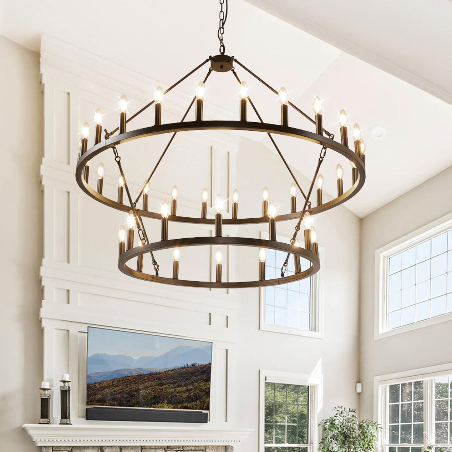 Luminaire moderne de style farmhouse, lustre à 2 niveaux en forme de roue de charrette, grand luminaire pour plafond haut.