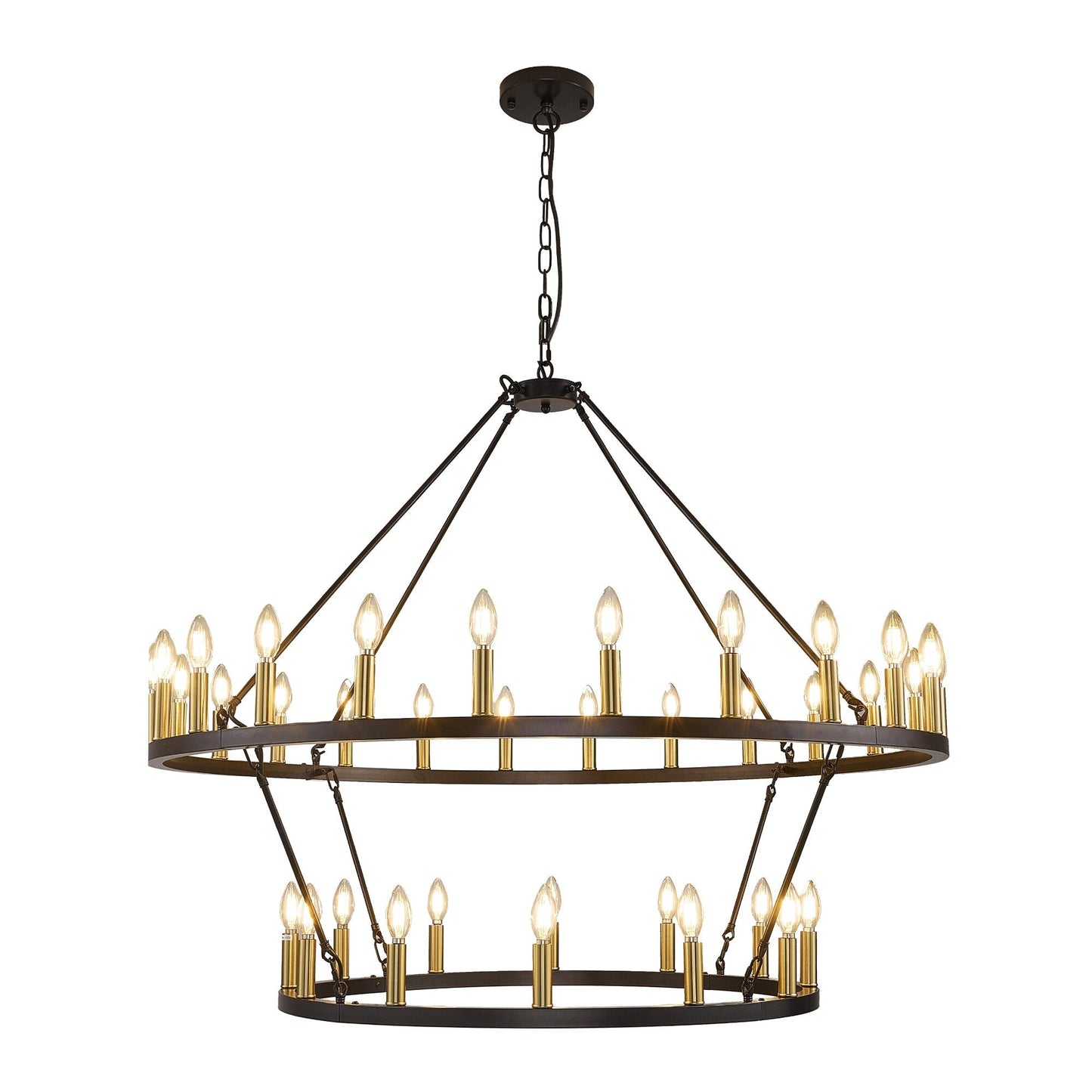 Luminaire moderne de style farmhouse, lustre à 2 niveaux en forme de roue de charrette, grand luminaire pour plafond haut.