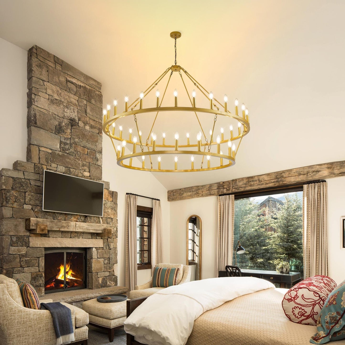 Luminaire moderne de style farmhouse, lustre à 2 niveaux en forme de roue de charrette, grand luminaire pour plafond haut.