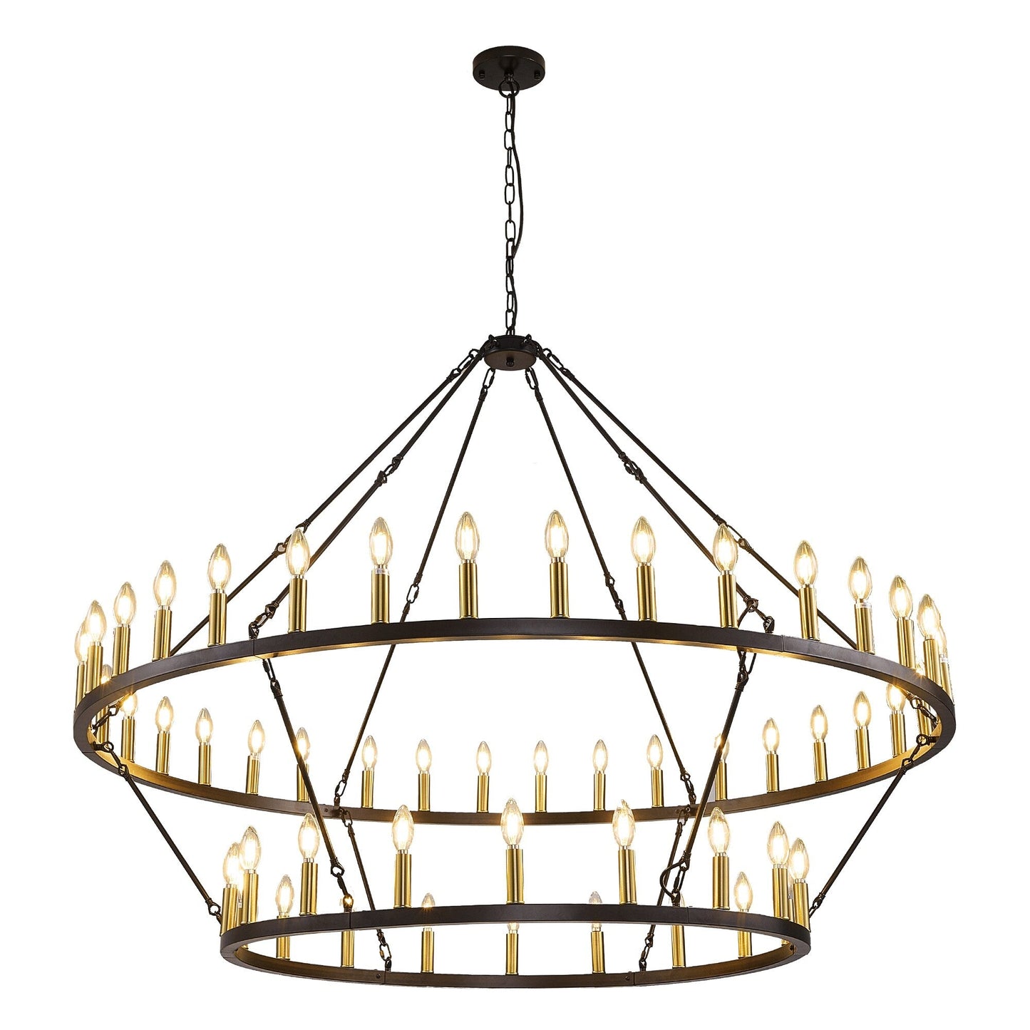 Luminaire moderne de style farmhouse, lustre à 2 niveaux en forme de roue de charrette, grand luminaire pour plafond haut.