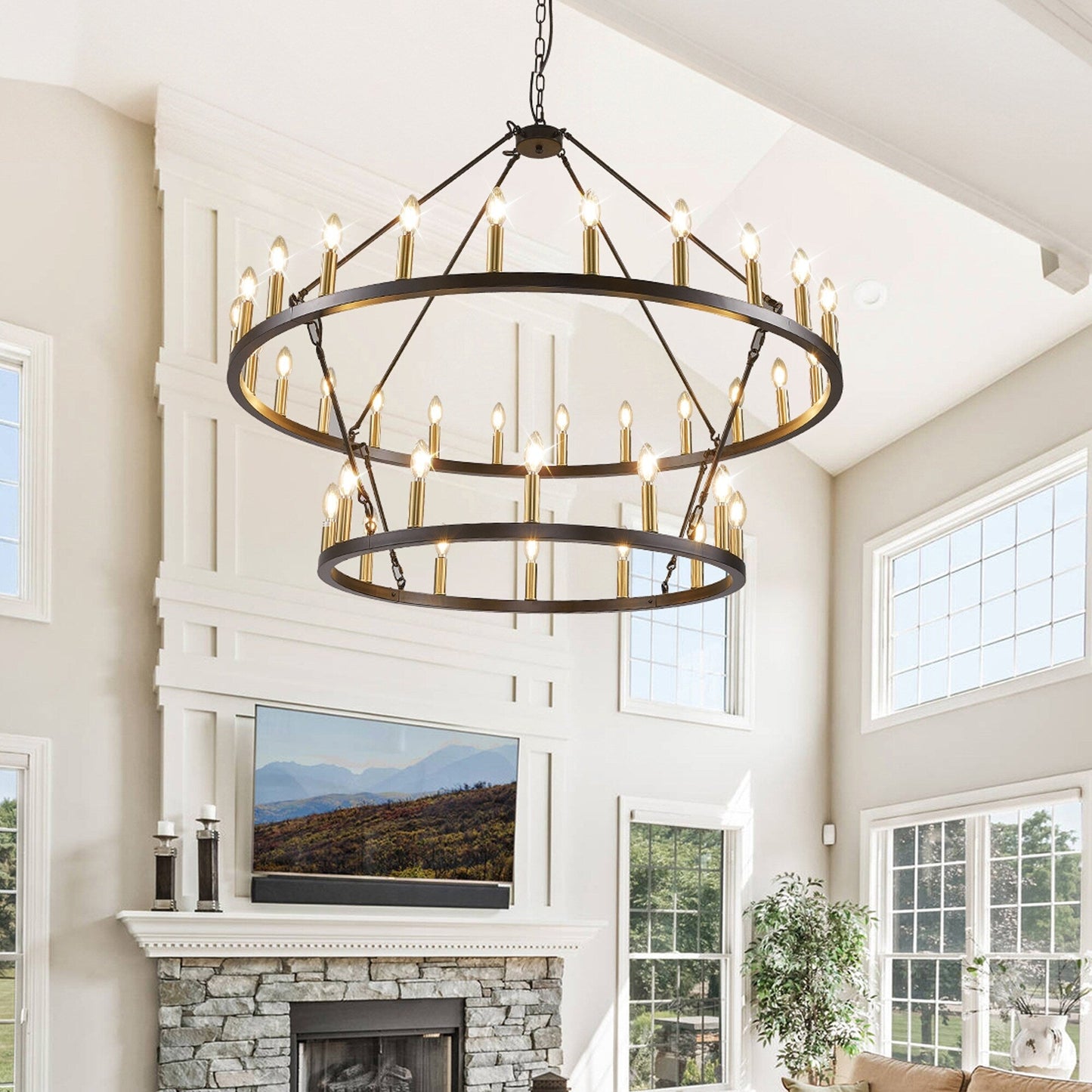 Luminaire moderne de style farmhouse, lustre à 2 niveaux en forme de roue de charrette, grand luminaire pour plafond haut.