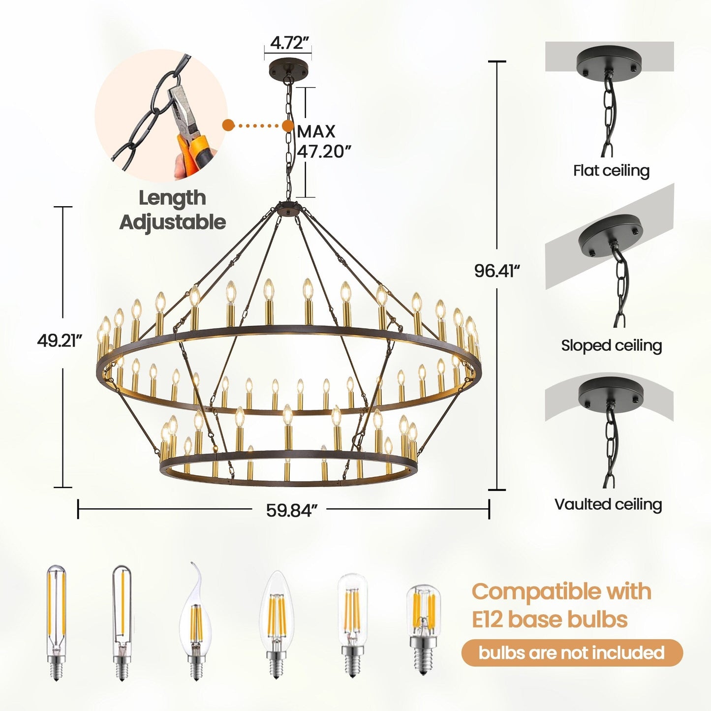 Luminaire moderne de style farmhouse, lustre à 2 niveaux en forme de roue de charrette, grand luminaire pour plafond haut.