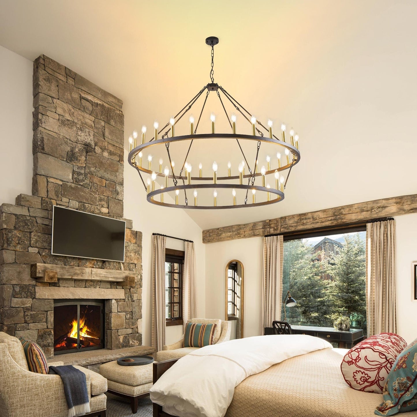 Luminaire moderne de style farmhouse, lustre à 2 niveaux en forme de roue de charrette, grand luminaire pour plafond haut.