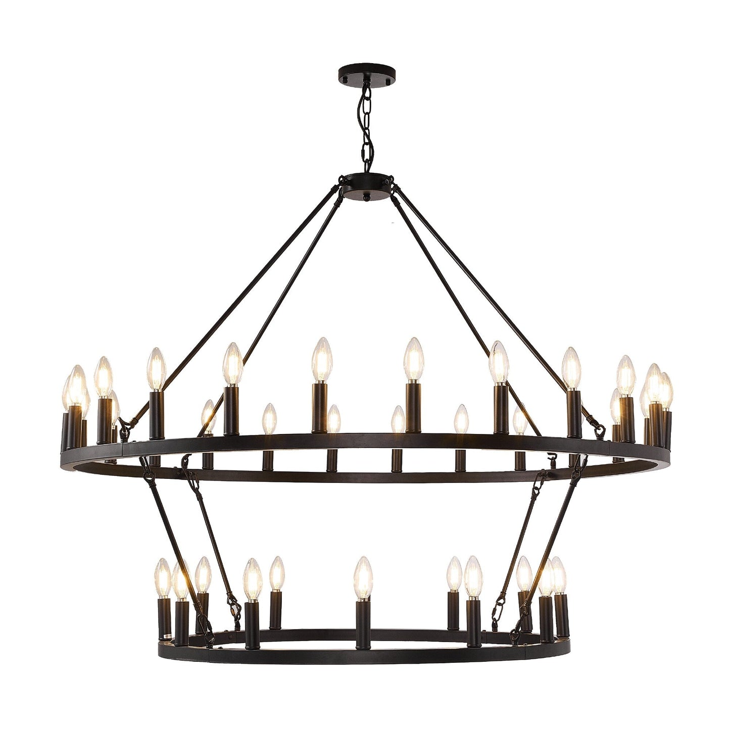 Luminaire moderne de style farmhouse, lustre à 2 niveaux en forme de roue de charrette, grand luminaire pour plafond haut.